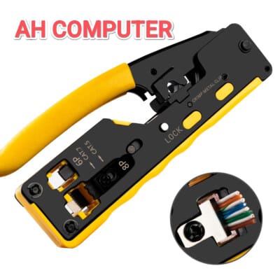 RJ45 Connector Crimping Tool Pass Through Cat5, Cat6, and Cat7 Ethernet cables