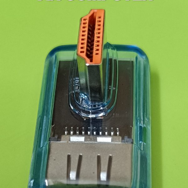 Transparent blue 180-degree U-shaped HDMI 2.1 adapter with a HDMI male to HDMI female connector